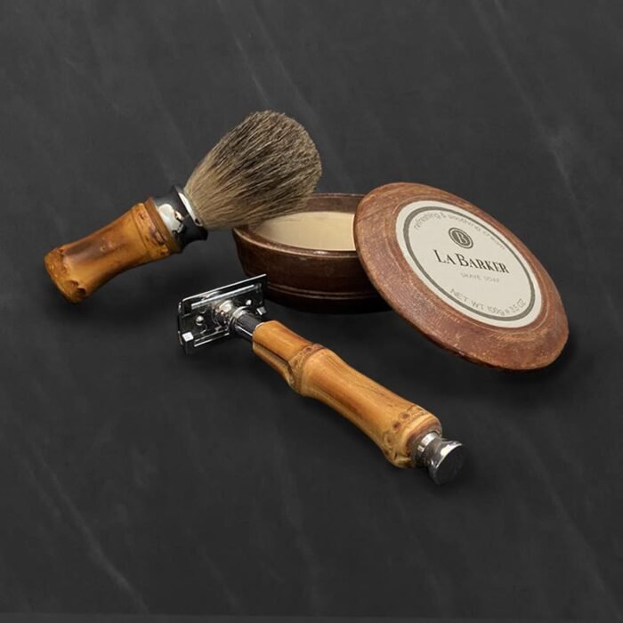 Kit para barbear de luxo da LaBarker|Kit shave La Barker|barbeador com cabo de bambu|Pincel para barbear de bambu|Espuma barba LaBarker|barbeador de bambu