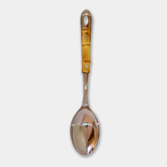 Colher para arroz de inox da Tramontina revestida com raiz de bambu natural|Amassador de batatas revestido com bambu natural||||Concha grande (terrina) revestida com bambu natural|Espátula para fritura revestida com bambu natural|Espumadeira revestida com bambu natural|Garfo trinchante revestido com bambu natural|||Pegador de massa revestido com bambu natural|Colher para arroz perfurada revestida com bambu natural