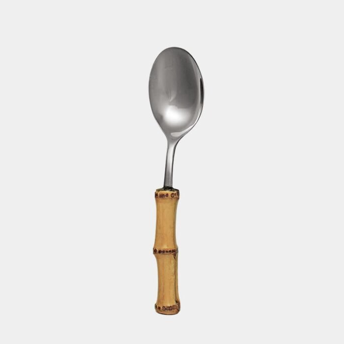 Colher de sobremesa de inox prateado da Tramontina com cabo de bambu natural marrom queimado|colher para sobremesa