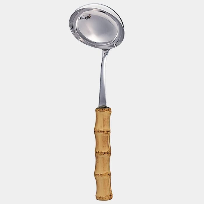 Concha terrina de inox prateada da Tramontina com cabo de bambu natural marrom queimado|concha para servir sopa