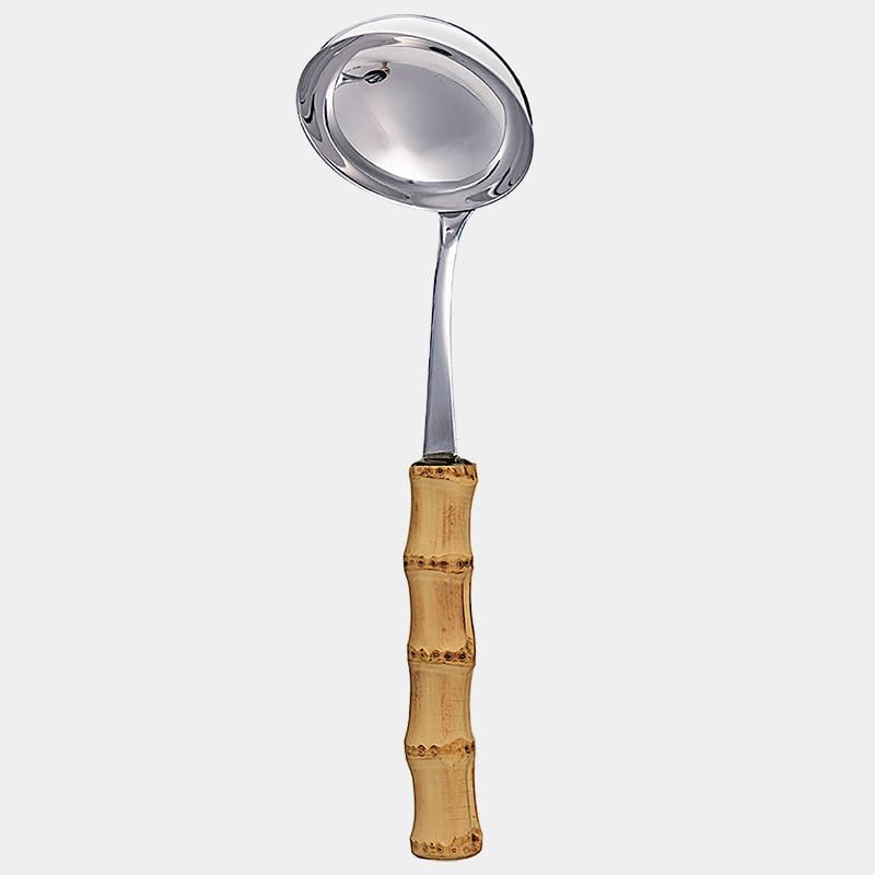 Concha terrina de inox prateada da Tramontina com cabo de bambu natural marrom queimado|concha para servir sopa