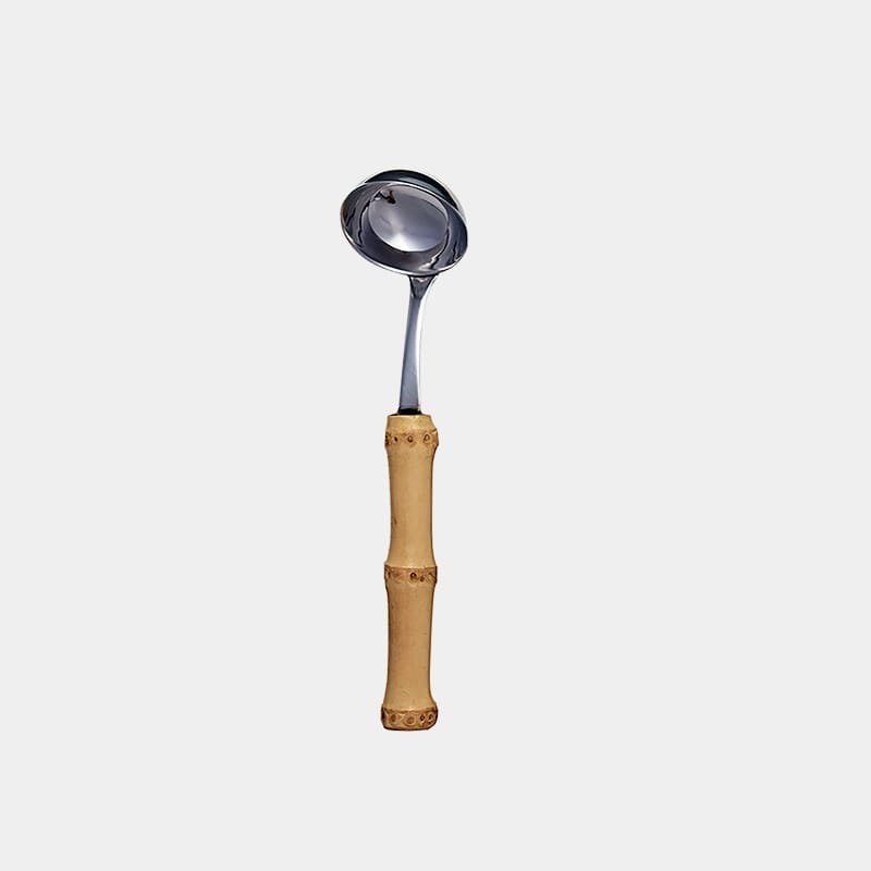 Concha molho de inox prateada da Tramontina com cabo de bambu natural marrom queimado|Concha para molho