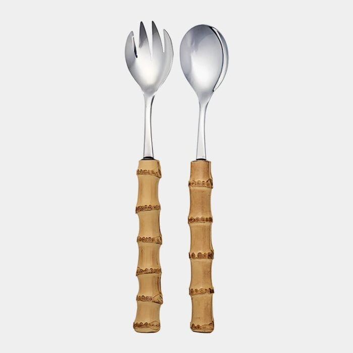 Conjunto para servir salada com uma colher e um garfo de inox prateado da Tramontina com cabo de bambu natural marrom queimado|Garfo e colher para servir salada com cabo de bambu natural|conjuno para servir salada