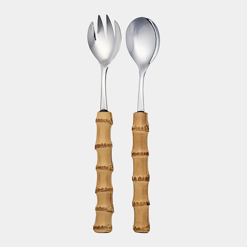 Conjunto para servir salada com uma colher e um garfo de inox prateado da Tramontina com cabo de bambu natural marrom queimado|Garfo e colher para servir salada com cabo de bambu natural|conjuno para servir salada