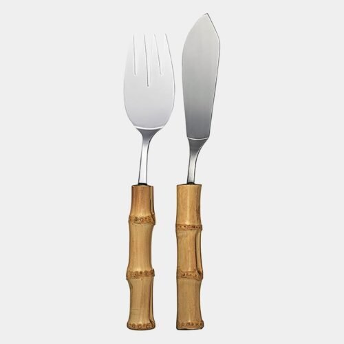 Conjunto trinchante para servir peixe de inox prateado da Tramontina contendo um garfo e uma faca com cabo de bambu natural marrom queimado|Talheres para peixe|Conjunto para servir peixe