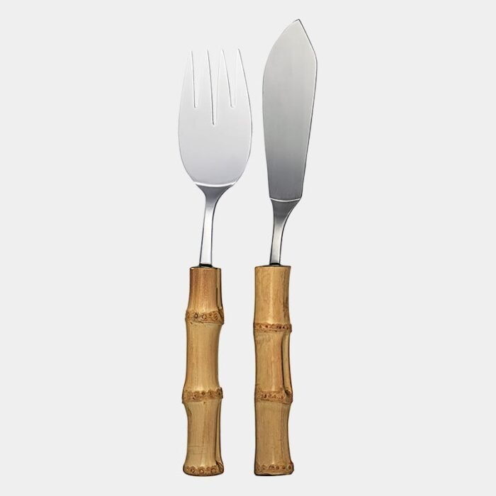 Conjunto trinchante para servir peixe de inox prateado da Tramontina contendo um garfo e uma faca com cabo de bambu natural marrom queimado|Talheres para peixe|Conjunto para servir peixe