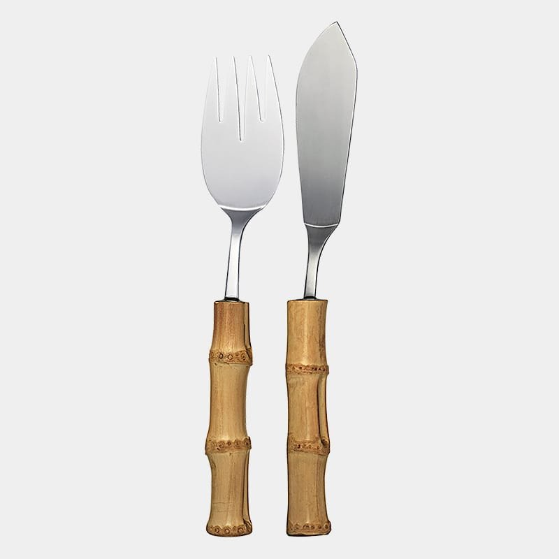 Conjunto trinchante para servir peixe de inox prateado da Tramontina contendo um garfo e uma faca com cabo de bambu natural marrom queimado|Talheres para peixe|Conjunto para servir peixe