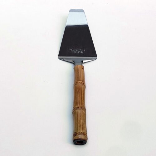 Espátula para pegar pedaços de pizza de inox prateado da Tramontina com cabo de bambu natural marrom queimado|Espátula para pizza com bambu natural|Espátula para pizza com bambu natural