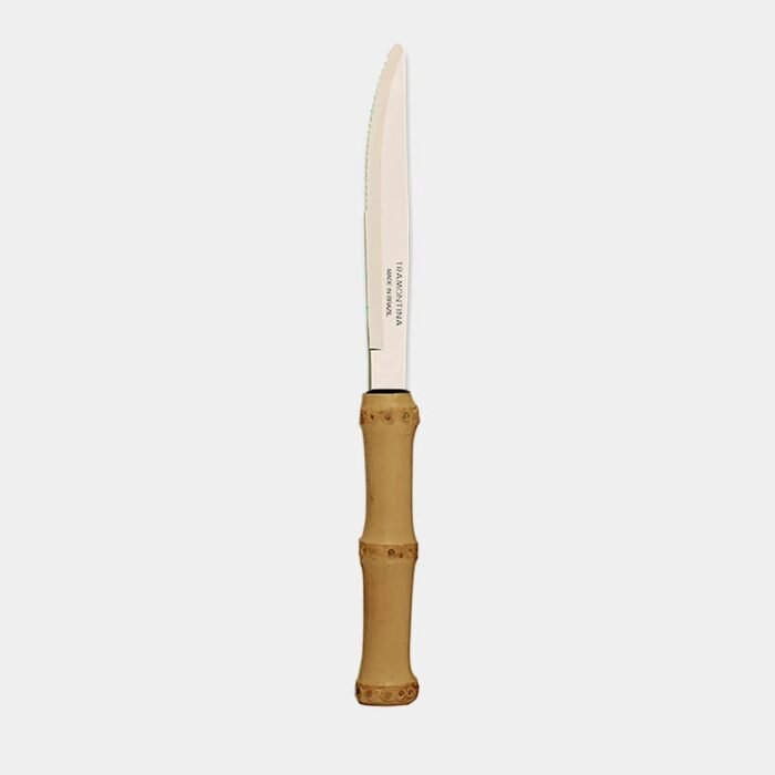 Faca de mesa com lamina de inox da Tramontina e cabo produzido com a raiz do bambu de cor marrom queimado|Faca de jantar com cabo de bambu natural