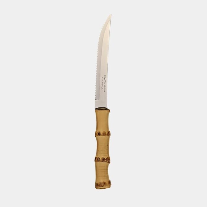 Faca de mesa estilo churrasco com lamina de inox prateado da Tramontina com cabo de bambu natural marrom queimado|faca para carne com cabo de bambu natural