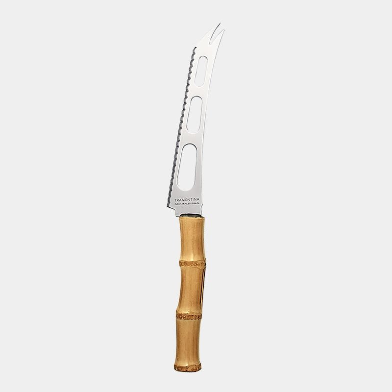 Faca para cortar queijo de inox prateado da Tramontina com cabo de bambu natural marrom queimado|faca para cortar queijo