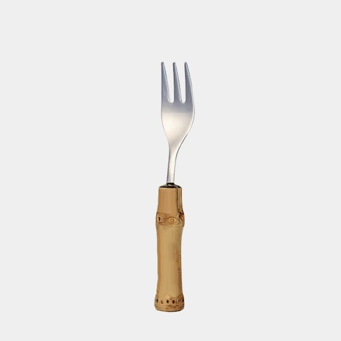 Garfinho pequeno para torta de inox prateado da Tramontina com cabo de bambu natural marrom queimado|garfinho para torta