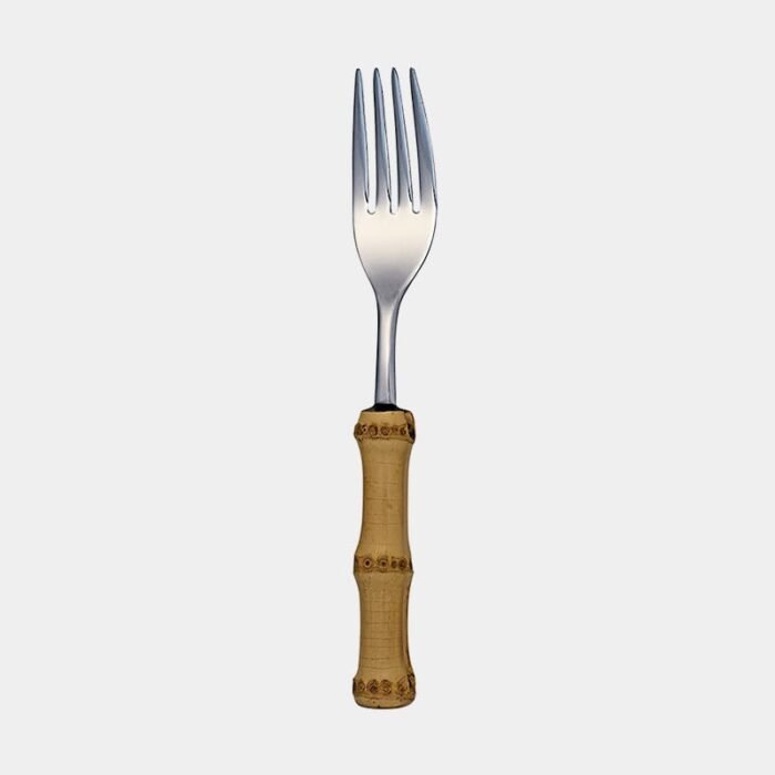 Garfo de mesa de inox prateado da Tramontina com cabo de bambu natural marrom queimado|garfo de jantar da Tramontina com cabo de bambu natural